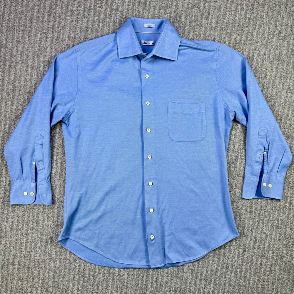 Peter Millar Mens Button Up‎ Shirt Large Light Blue Long Sleeve Cotton Pocket